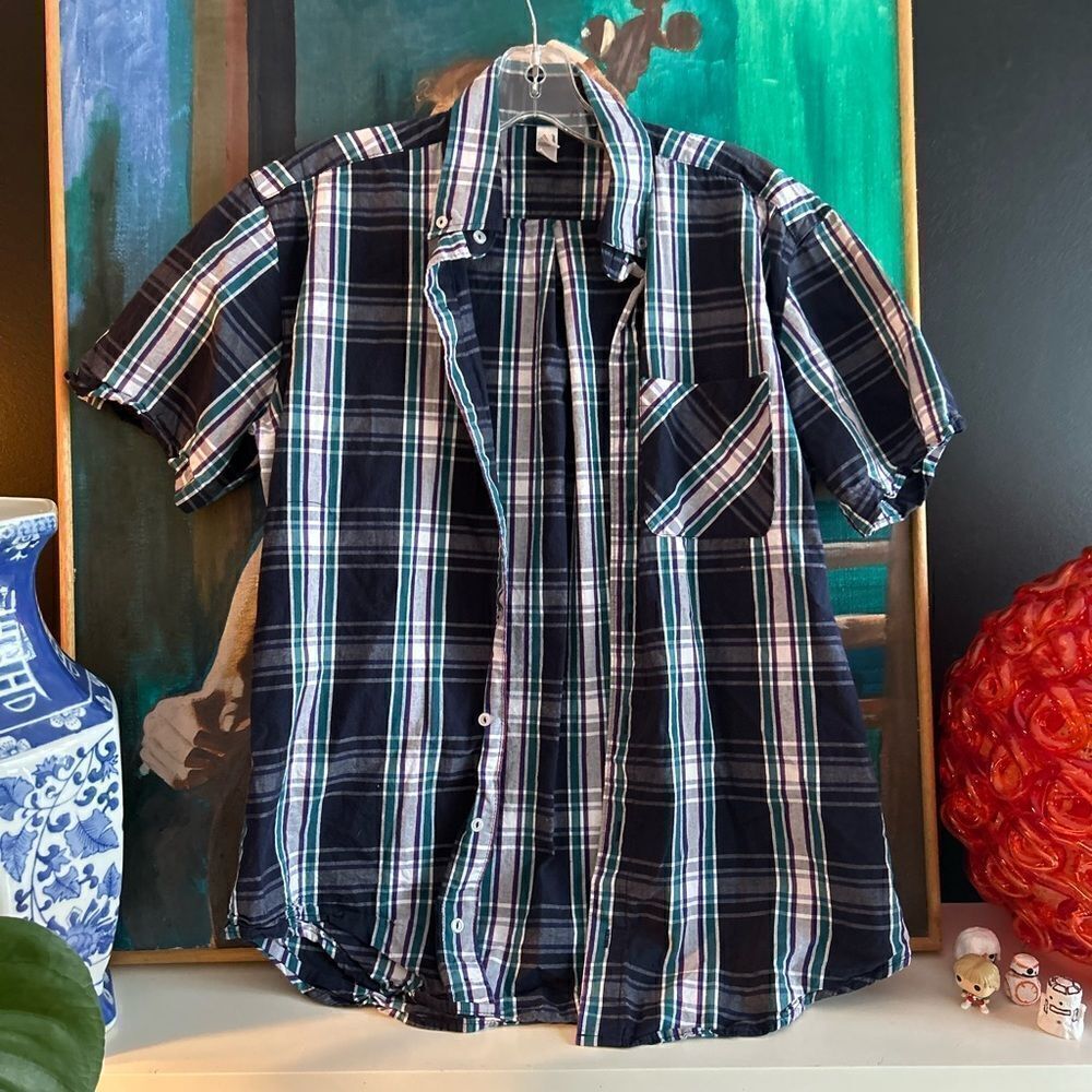 American Apparel Plaid Button Up Shirt Mens Small Blue Green Short Sleeve Cotton
